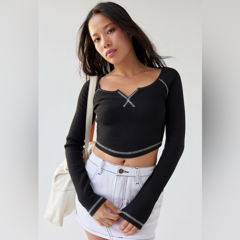 Urban Outfitters BDG Black Waffle Cropped Long Sleeve Top